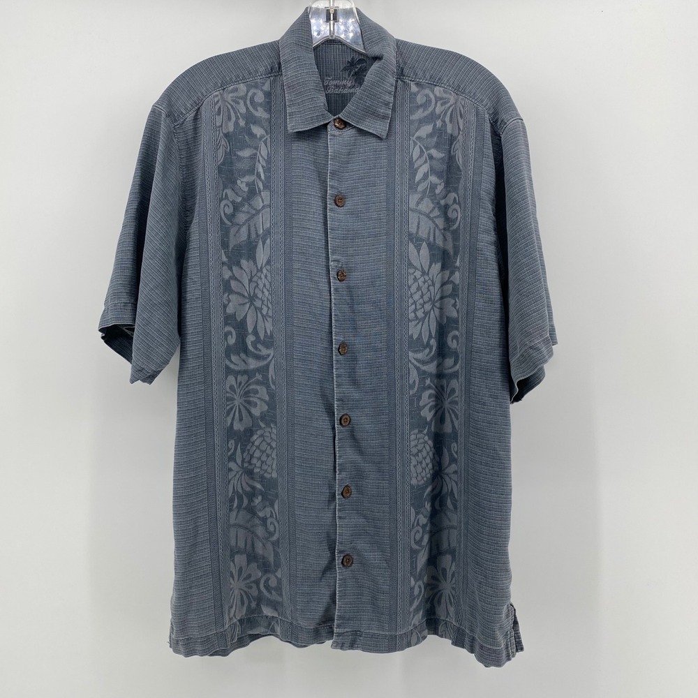 Tommy Bahama Mens Blue Silk Embroidered Pineapple Camp Shirt Medium